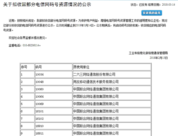 工信部公示擬回收電信網碼號資源： 10060 在列